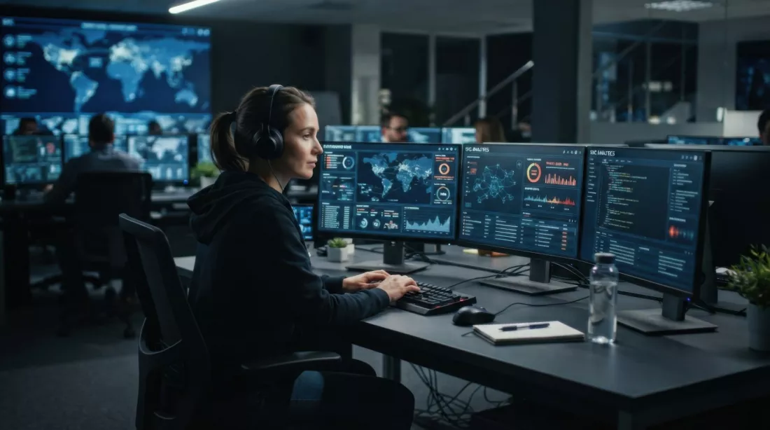 Young cybersecurity analyst monitoring data on several screens in a control room